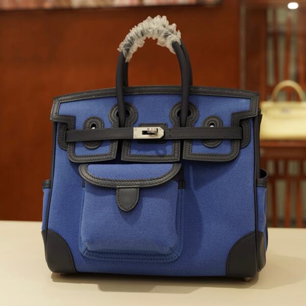 【エルメス HERMES】バーキン 25 カーゴ ブルーエジェ トワルゴエラン スイフト シルバー金具（50％手縫い＋50％マシン）